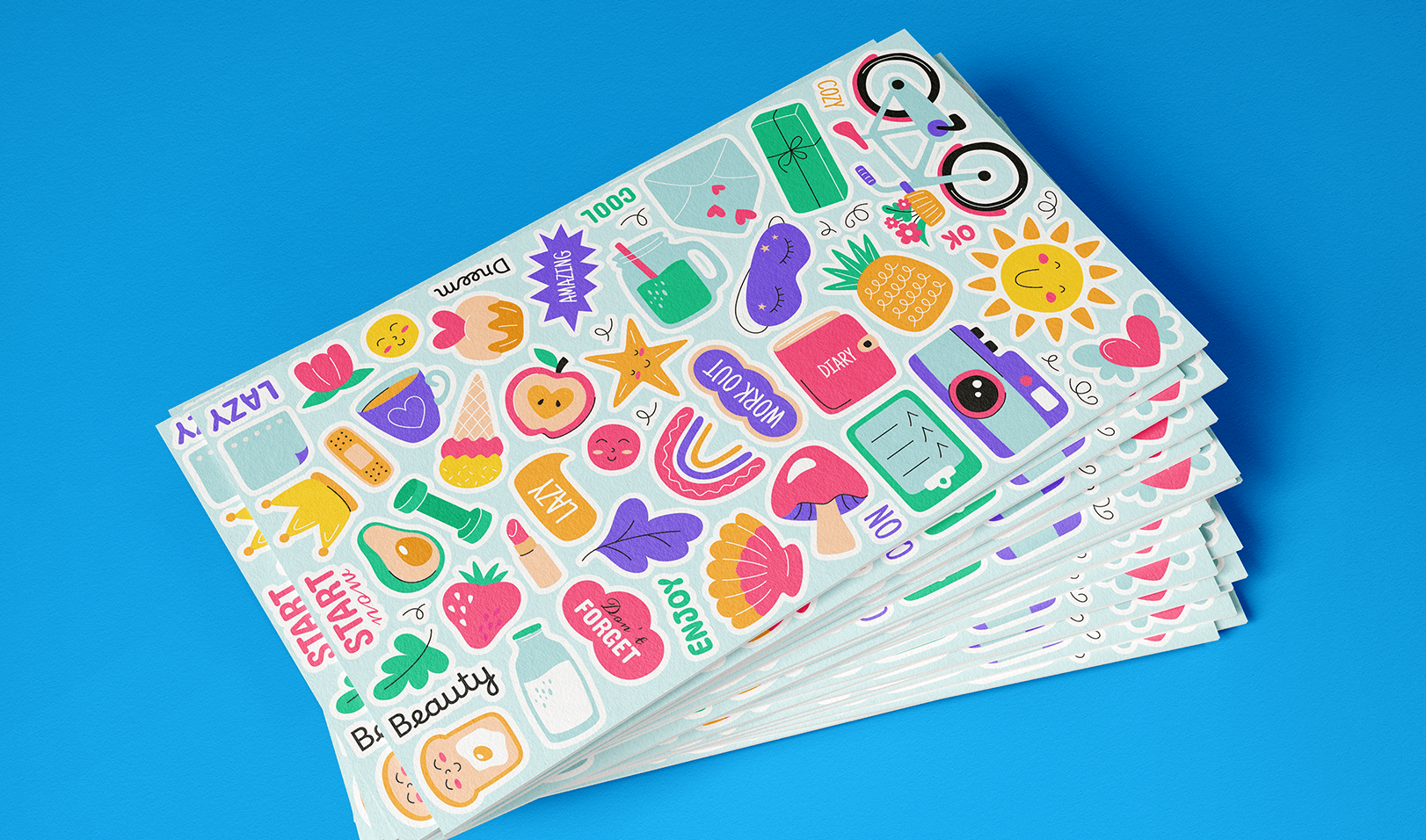 Arrange different sticker designs on a printed sheet.