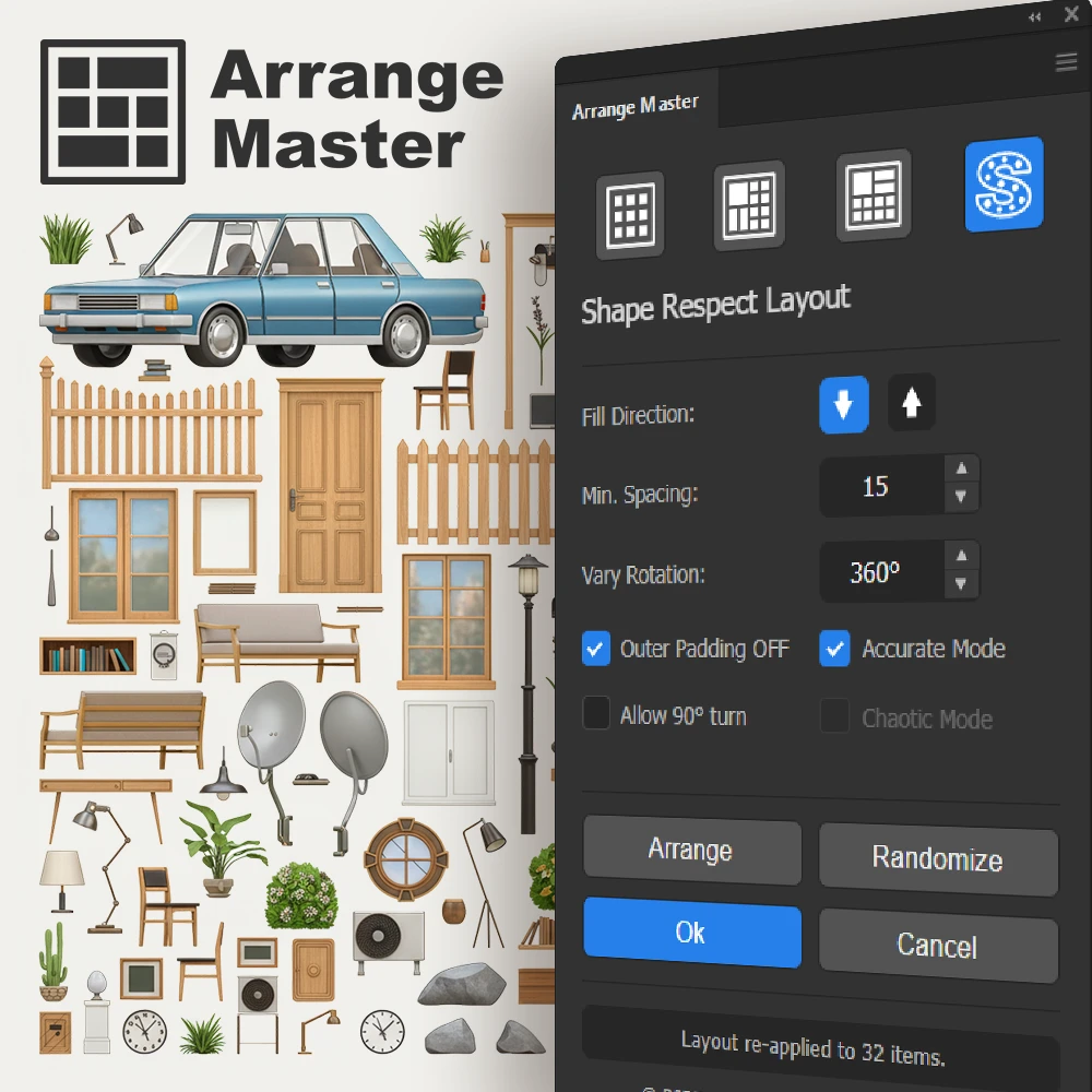 A complex artistic composition created with the Arrange Master plugin for Adobe Illustrator.